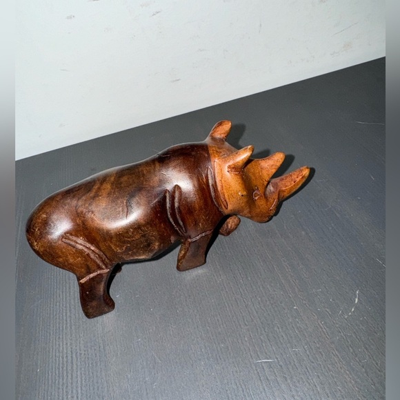 Hand Carved Wooden Rhino Solid Wood Rhinoceros Figurine Figure Sculpture - Picture 6 of 9